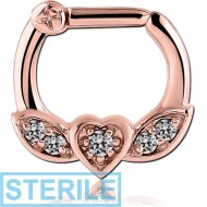 STERILE ROSE GOLD PVD COATED SURGICAL STEEL WINGED HEART PRONG SET JEWELLED HINGED SEPTUM CLICKER PIERCING