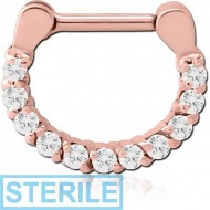 STERILE ROSE GOLD PVD COATED SURGICAL STEEL ROUND PRONG SET JEWELLED HINGED SEPTUM CLICKER PIERCING