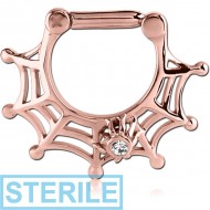STERILE ROSE GOLD PVD COATED SURGICAL STEEL JEWELLED HINGED SEPTUM CLICKER - SPIDER WEB PIERCING