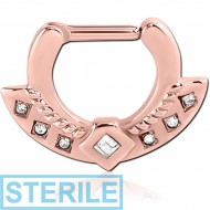 STERILE ROSE GOLD PVD COATED SURGICAL STEEL HIGH END CRYSTAL JEWELLED HINGED SEPTUM CLICKER