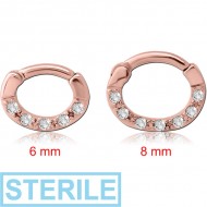STERILE ROSE GOLD PVD COATED SURGICAL STEEL ROUND JEWELLED HINGED SEPTUM CLICKER PIERCING