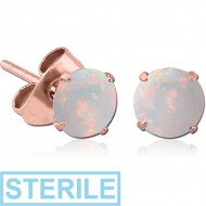 STERILE ROSE GOLD PVD COATED SURGICAL STEEL ROUND SYNTHETIC OPAL PRONG SET JEWELLED EAR STUDS PAIR PIERCING