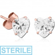 STERILE ROSE GOLD PVD COATED SURGICAL STEEL HEART PRONG SET JEWELLED EAR STUDS PAIR PIERCING