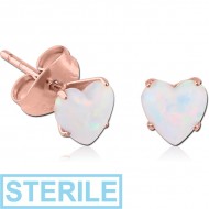 STERILE ROSE GOLD PVD COATED SURGICAL STEEL HEART SYNTHETIC OPAL PRONG SET JEWELLED EAR STUDS PAIR
