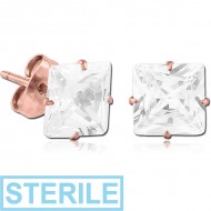 STERILE ROSE GOLD PVD COATED SURGICAL STEEL SQUARE PRONG SET JEWELLED EAR STUDS PAIR PIERCING