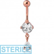 STERILE STERLING SILVER 925 ROSE GOLD PLATED JEWELLED NAVEL BANANA WITH CHARM