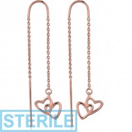 STERILE STERLING SILVER 925 ROSE GOLD PVD COATED CHAIN EARRINGS PAIR - HEARTS PIERCING