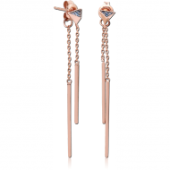 STERLING SILVER 925 ROSE GOLD PVD COATED JEWELLED CHAIN EAR STUDS PAIR