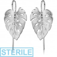 STERILE STERLING SILVER 925 RHODIUM PLATED EARRINGS PAIR - LEAF PIERCING
