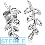 STERILE STERLING SILVER 925 RHODIUM PLATED EAR STUDS PAIR - LEAF