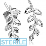 STERILE STERLING SILVER 925 RHODIUM PLATED EAR STUDS PAIR - LEAF PIERCING