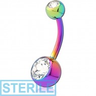 STERILE RAINBOW PVD COATED SURGICAL STEEL DOUBLE SWAROVSKI CRYSTALS JEWELLED NAVEL BANANA