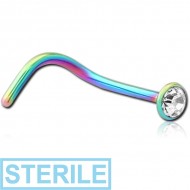 STERILE RAINBOW PVD COATED SURGICAL STEEL SWAROVSKI CRYSTAL JEWELLED CURVED NOSE STUD PIERCING