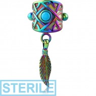 STERILE RAINBOW PVD COATED SURGICAL STEEL JEWELLED CARTILAGE SHIELD - DANGLING FEATHER
