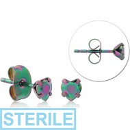 STERILE RAINBOW PVD COATED SURGICAL STEEL HEART PRONG SET JEWELLED EAR STUDS PAIR