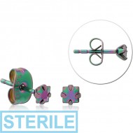 STERILE RAINBOW PVD COATED SURGICAL STEEL SQUARE PRONG SET JEWELLED EAR STUDS PAIR PIERCING