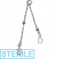 STERILE STERLING SILVER 925 JEWELLED CHAIN CHARM - BALLS AND TWO TEAR DROP STONES PIERCING