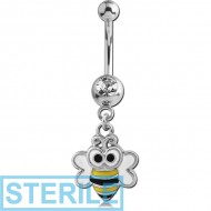 STERILE SURGICAL STEEL JEWELLED MINI NAVEL BANANA WITH CHARM - BEE PIERCING