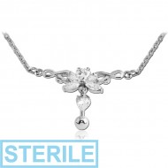 STERILE SURGICAL STEEL JEWELLED BELLY CHAIN NAVEL BANANA - BUTTERFLY AND DANGLING STONE PIERCING