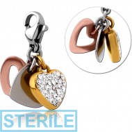 STERILE SURGICAL STEEL CRYSTALINE JEWELLED TRIPLE TONE CHARM WITH LOBSTER LOCKER - HEART PIERCING