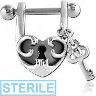 STERILE SURGICAL STEEL CARTILAGE SHIELD - HEART AND KEY PIERCING