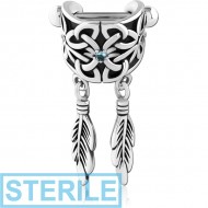 STERILE SURGICAL STEEL JEWELLED CARTILAGE SHIELD - DANGLING FEATHER PIERCING