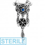 STERILE SURGICAL STEEL JEWELLED CARTILAGE SHIELD - DANGLING FEATHER PIERCING