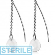 STERILE SURGICAL STEEL JEWELLED EARRINGS PAIR - DROP ON CHAIN PIERCING