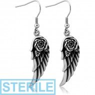 STERILE SURGICAL STEEL EARRINGS PAIR - WINGS AND ROSE PIERCING