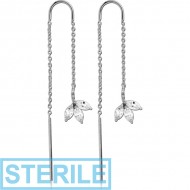 STERILE SURGICAL STEEL CHAIN JEWELLED EARRINGS PAIR - LEAF PIERCING