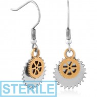 STERILE SURGICAL STEEL STEAMPUNK EARRINGS PAIR WITH BRASS PART PIERCING