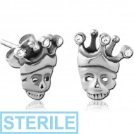 STERILE SURGICAL STEEL EAR STUDS PAIR - SKULL WITH CROWN PIERCING