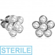 STERILE SURGICAL STEEL JEWELLED EAR STUDS PAIR - FLOWER PIERCING