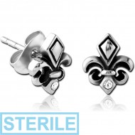 STERILE SURGICAL STEEL JEWELLED EAR STUDS PAIR - FLEUR DE LIS PIERCING