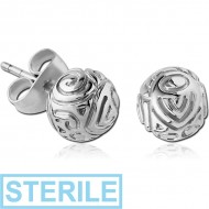 STERILE SURGICAL STEEL EAR STUDS PAIR - BALL WITH LINES PIERCING