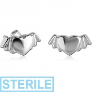 STERILE SURGICAL STEEL EAR STUDS PAIR - HEART WITH WINGS PIERCING