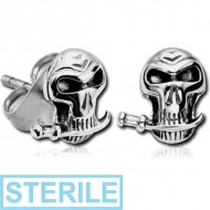 STERILE SURGICAL STEEL EAR STUDS PAIR - SKULL WITH SWARD PIERCING