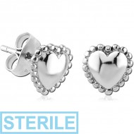 STERILE SURGICAL STEEL EAR STUDS PAIR - HEART PIERCING