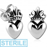 STERILE SURGICAL STEEL EAR STUDS PAIR - HEART WITH CROWN PIERCING
