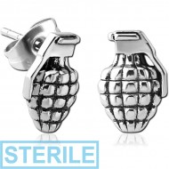 STERILE SURGICAL STEEL EAR STUDS PAIR - GRENADE PIERCING