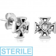 STERILE SURGICAL STEEL JEWELLED EAR STUDS PAIR - IRON CROSS PIERCING