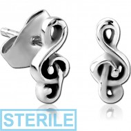 STERILE SURGICAL STEEL EAR STUDS PAIR - MUSIC NOTE PIERCING
