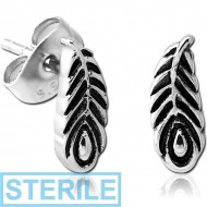 STERILE SURGICAL STEEL EAR STUDS PAIR - FEATHER PIERCING
