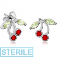 STERILE SURGICAL STEEL JEWELLED EAR STUDS PAIR - CHERRY PIERCING