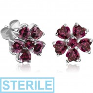 STERILE SURGICAL STEEL JEWELLED EAR STUDS PAIR - FLOWER PIERCING