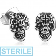 STERILE SURGICAL STEEL EAR STUDS PAIR - FANCY SKULL PIERCING