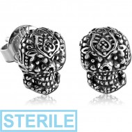 STERILE SURGICAL STEEL EAR STUDS PAIR - FANCY SKULL PIERCING