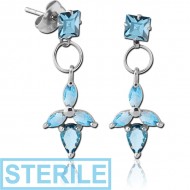 STERILE SURGICAL STEEL JEWELLED EAR STUDS PAIR - SQUARE WITH DANGLING TRINITY PIERCING