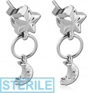 STERILE SURGICAL STEEL EAR STUDS PAIR - STAR WITH DANGLING CRESCENT PIERCING