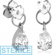 STERILE SURGICAL STEEL JEWELLED EAR STUDS PAIR - HEART WITH DANGLING PEAR STONE PIERCING
